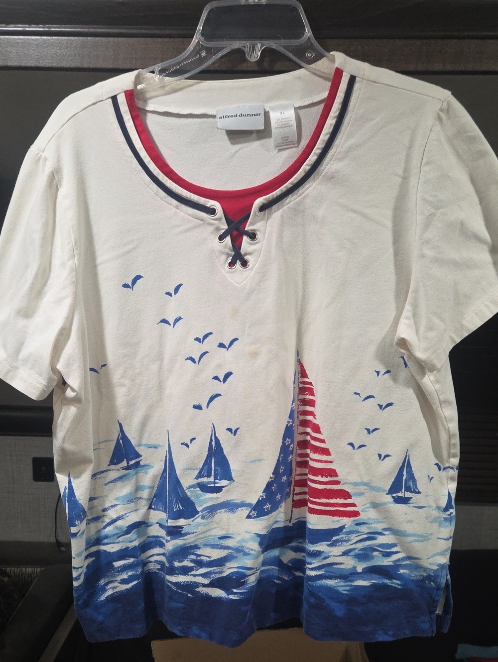 Alfred Dunner White Tee with Blue & Red Nautical Sailboat Print